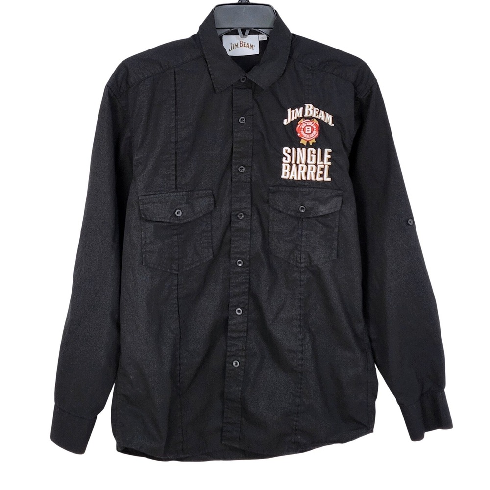Jim‎ Beam Single Barrel Button Up Shirt Adult Small Black Cotton Roll Tab Sleeve